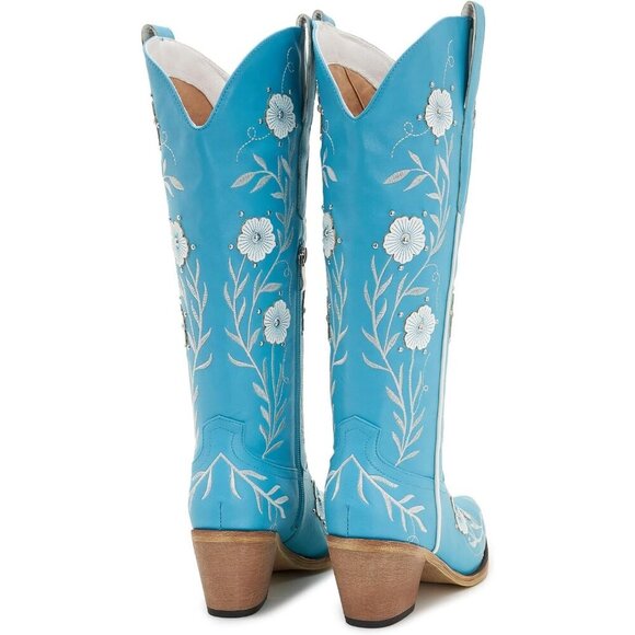 Women’s Turquoise Wide Calf Embroidered Cowgirl Western Knee High Pull On Boots - Picture 5 of 7